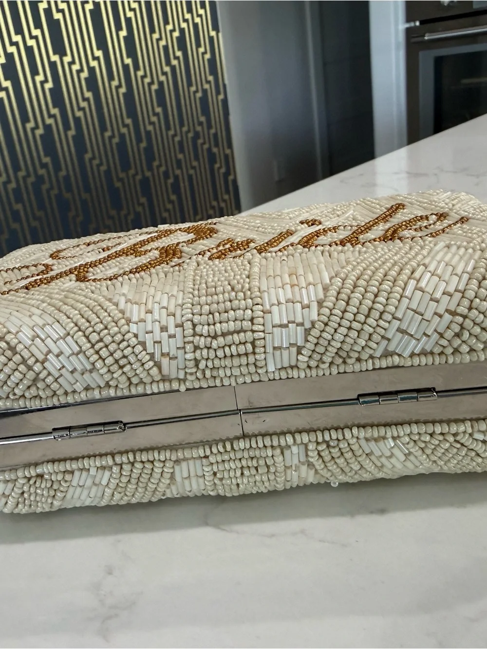 Bride Beaded Ivory Bridal Clutch with Gold Script
